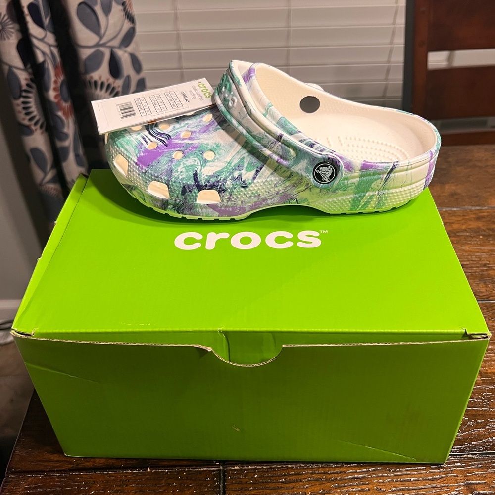 brand new purple and teal marble crocs